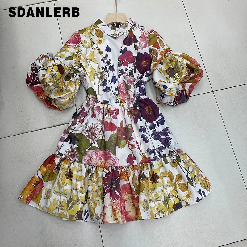 

2021 Summer Midi Dress New Silk Linen Floral Lantern Short Sleeve V-neck Dress Women Bohemian Print Temperament Dress