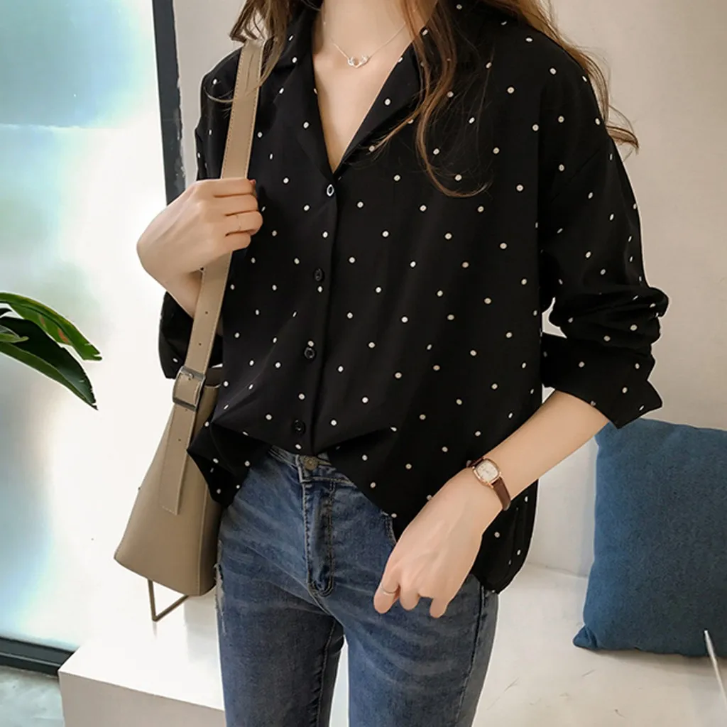 

New Women Fall Blouse 2019 Fashion Women Top Wave Point Shirt Long Sleeve Lapel Casual Loose Blouse Shirt S-L5