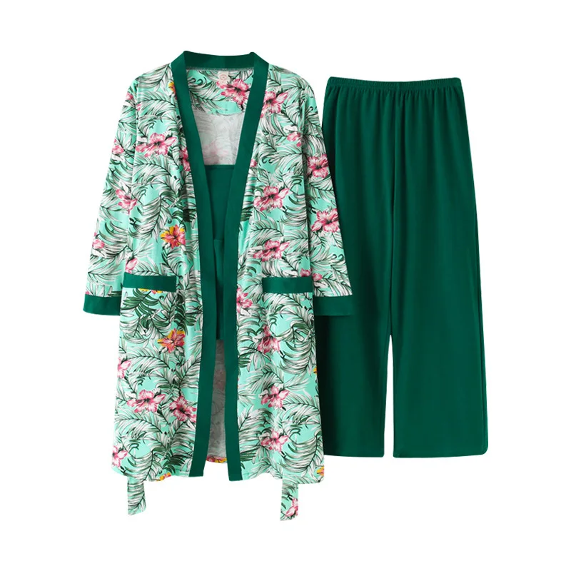 

Summer 3Pcs Soft Women Pajama Set Sexy Pyjamas Ladies Sleepwear Floral Printed Green Leaves Cardigan+Camisole+Pants Homewear