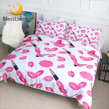 BlessLiving Cosmetics Perfume Bedding Set Fashion Girls Duvet Cover Lipstick Hearts Print Bed Set 3pcs Bedclothes Bedroom Decor 1