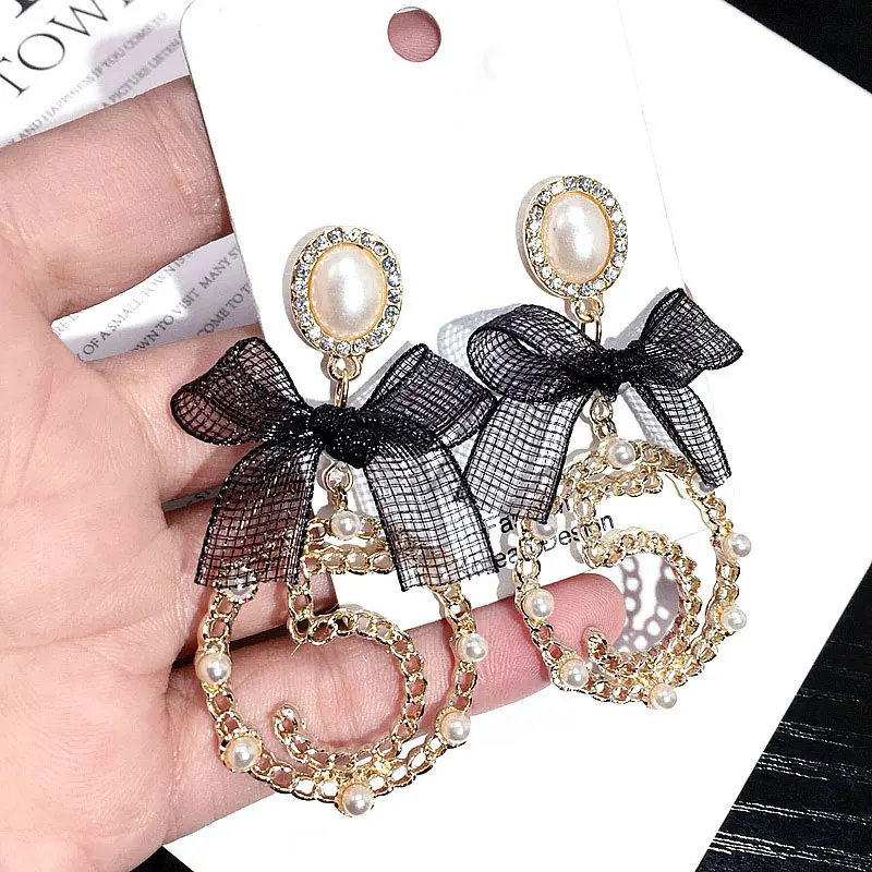 

Korea Fashion Ribbon Bow Pearl Number 5 Big Circle Rhinestone Drop Earrings Long Pendents jewelry For Woman