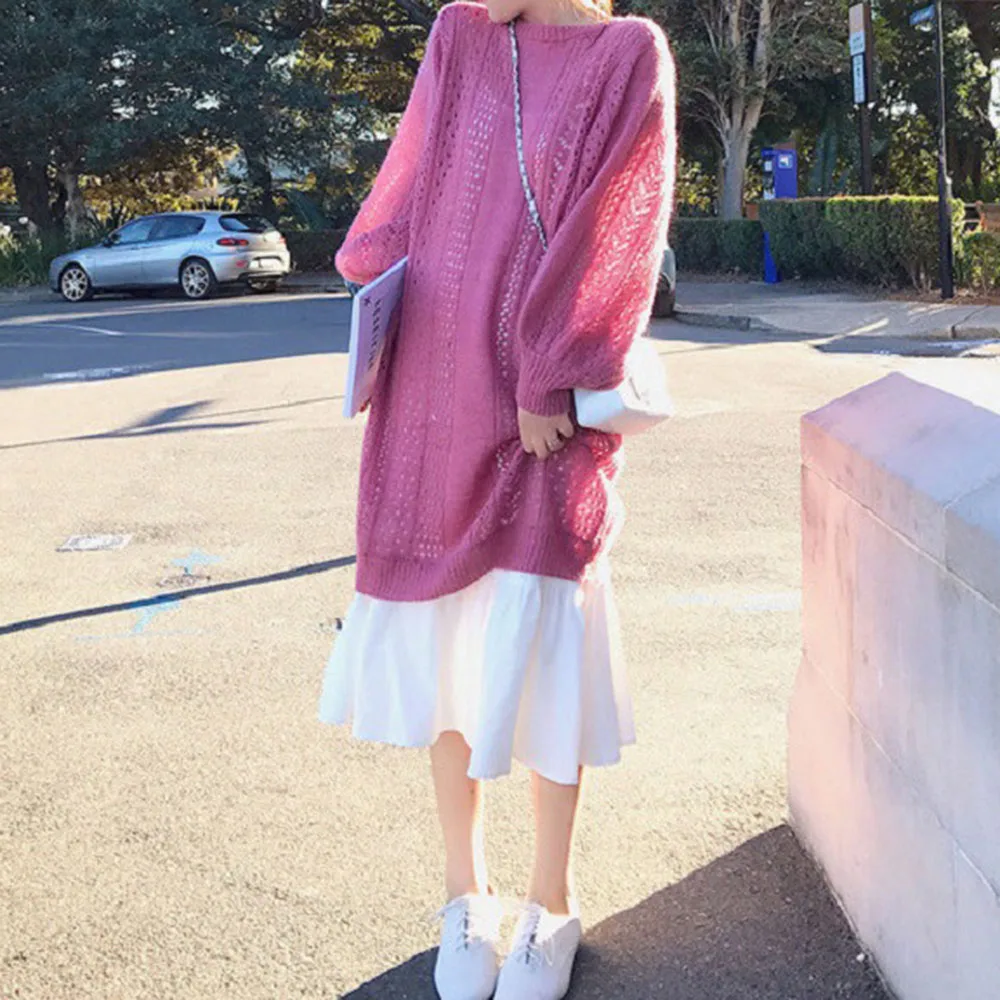 Платье женское осеннее свободное вязаное ажурное платье свитер с узором