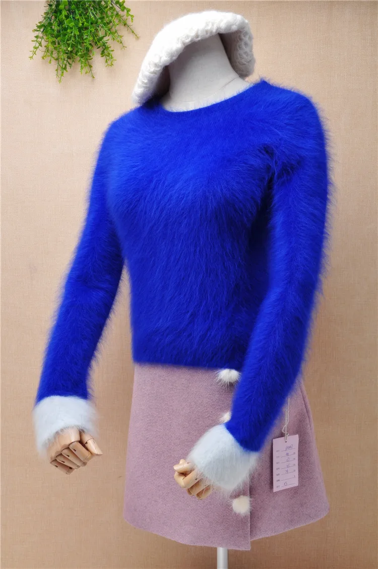 YT057 Женский Короткий стильный модный синий пушистый кашемировый тонкий пуловер