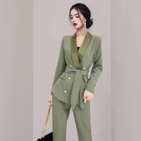 elegant office pant suits fashion solid double breasted blazers autumn professional two piece set korean clothing female outfit