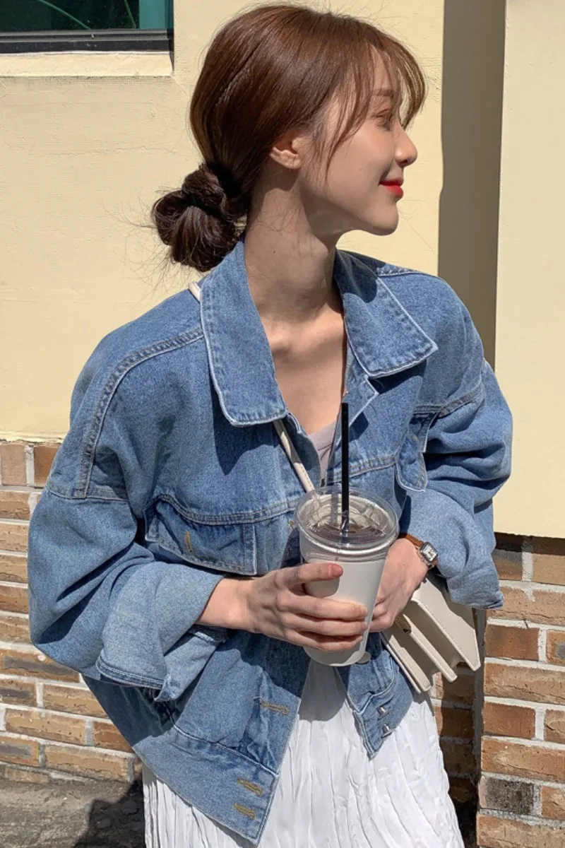 

Denim jacket women's autumn korean new foreign style pocket decorative short jacket long sleeve jacket