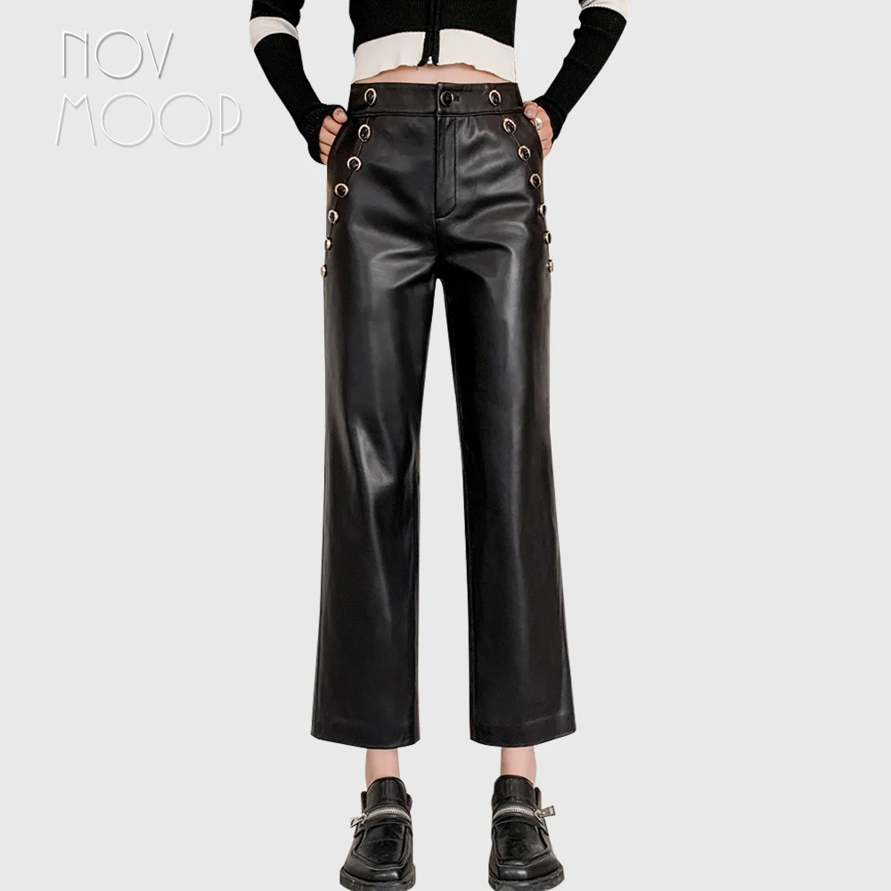 

Novmoop genuine leather ankle length women wide leg open pants sheepskin metal button decor elegant luxurious style LT3466