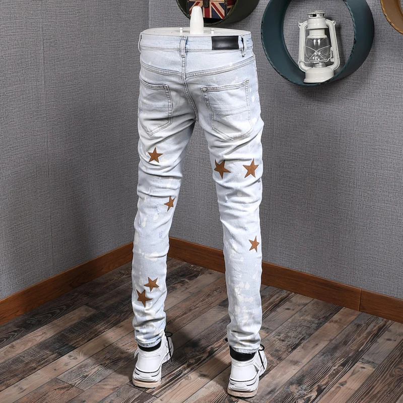 American Street Style Fashion Men Jeans Retro Light Blue Slim Fit Ripped Jeans Men Patches Designer Hip Hop Denim Punk Pants