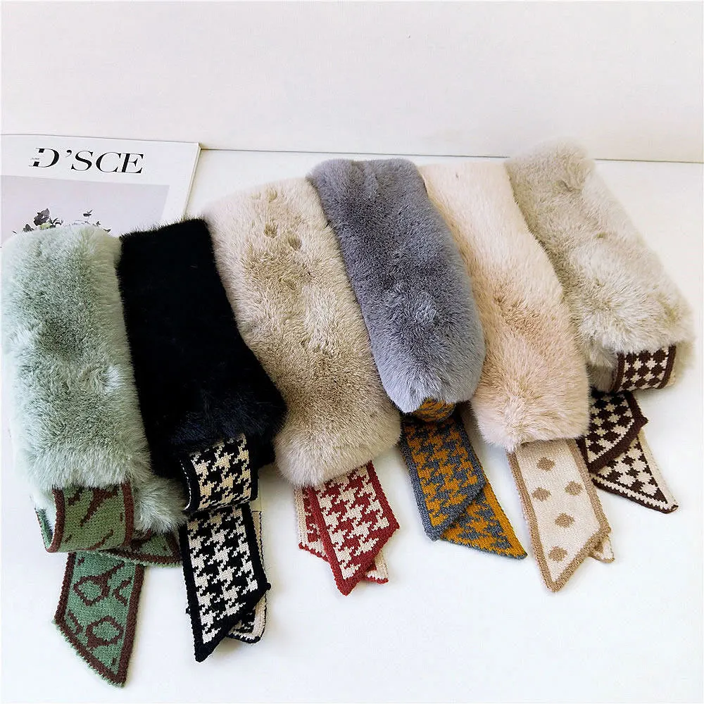 

2021 New Autumn Winter Houndstooth Fashion Crochet Knitted Scarf Foulard Femme Faux Fur Collar Neck Warmer Scarves for Women