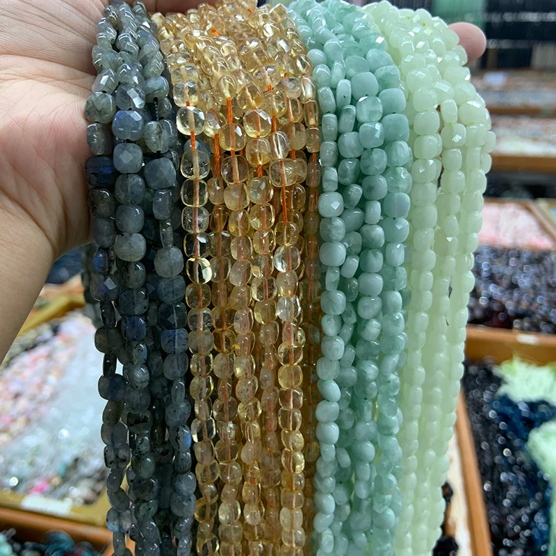 

6mm Natural Labradorite Citrines Green Larimar Stone Beads 15'' Faceted Square DIY Loose Beads For Jewelry Making Beads Necklace
