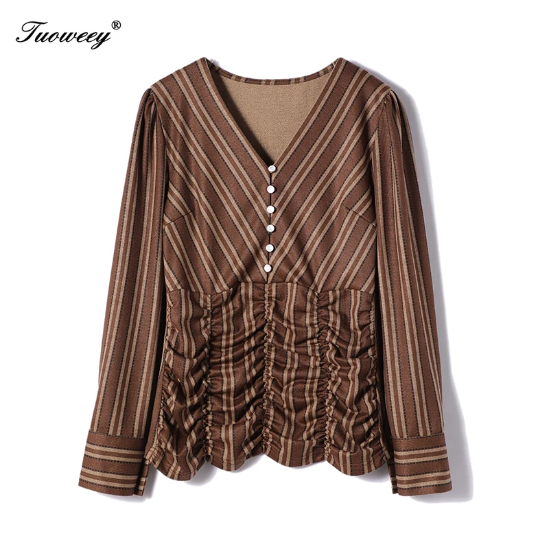 

Women Blouse Shirts 2020 Autumn Fashion Stripe button OL Shirt Long Sleeve Casual Print 3D Blouse Plus Size Female Clothes