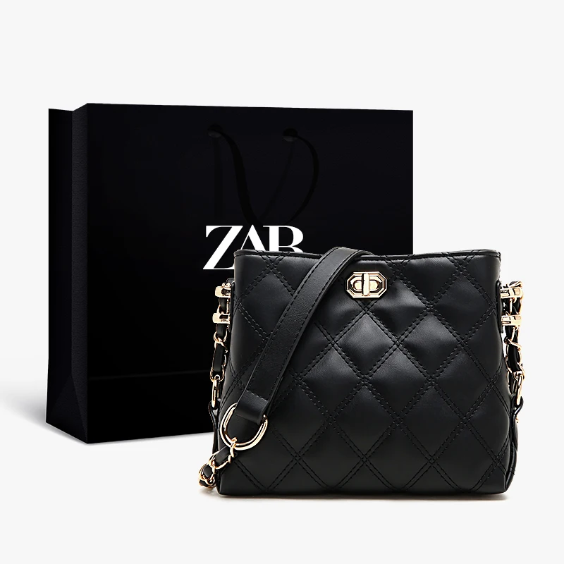 

ZAR Luxury Handbags Women Bags Black Elegant Simple Rotating Lock Classic Rhombus Leather Shoulder Strap Women's Europe America
