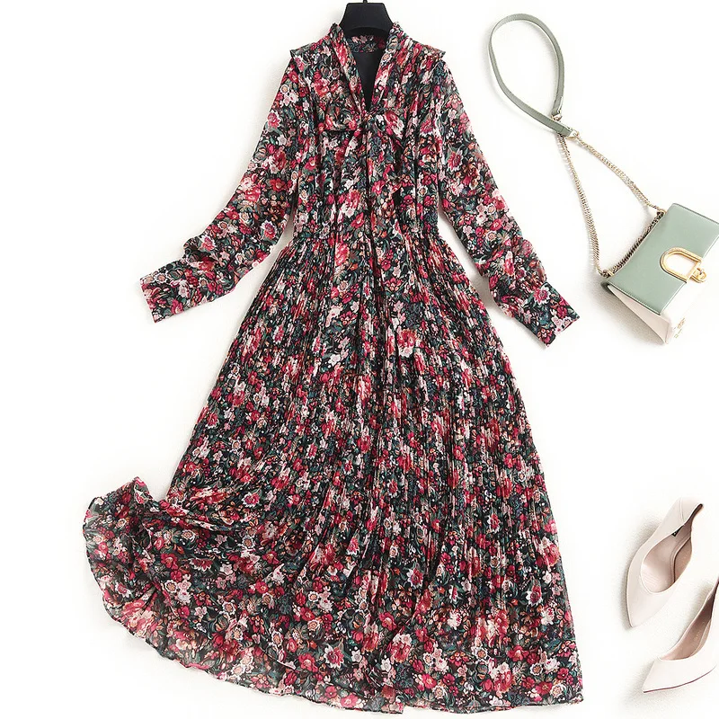 

High End 2021 Spring New V Neck Lace Bow Tie Elastic High Waist Women Pleated Long Sleeves Elegant Floral Chiffon Dress