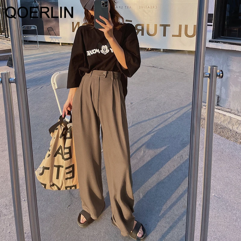 

QOERLIN Fashion Women Suits Pants Office Ladies High Waist Wide Leg Straight Trouser Street Loose Korean Workwear Suits Pant