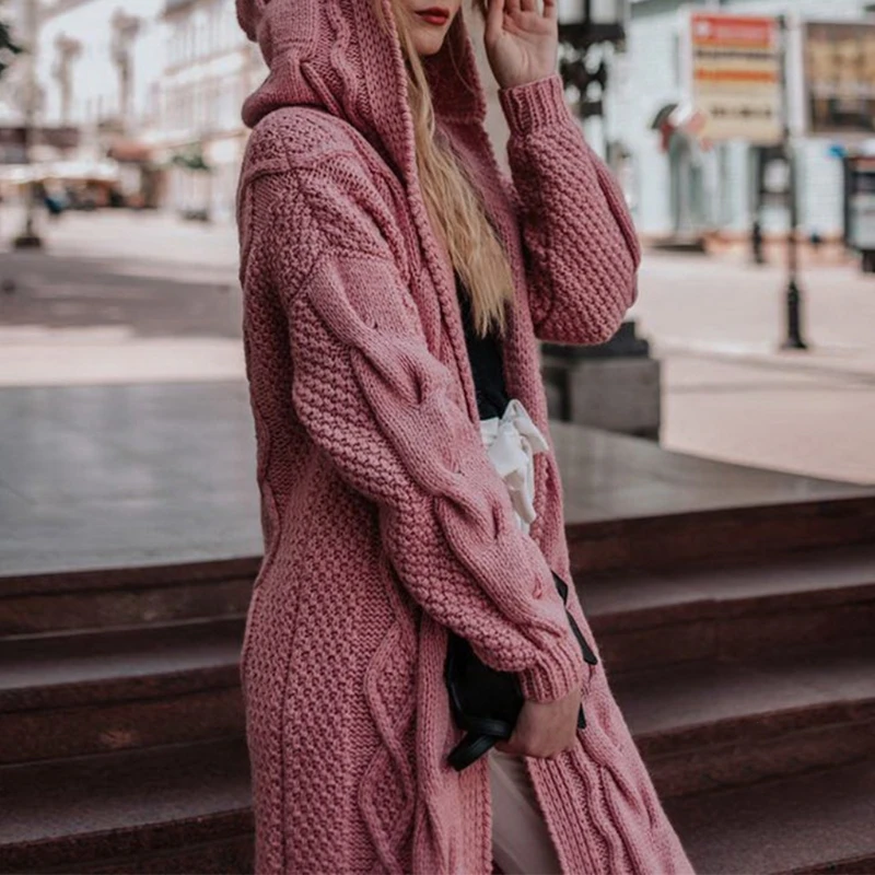 Женский осенний кардиган с капюшоном открытый передний вязаный свитер узором в