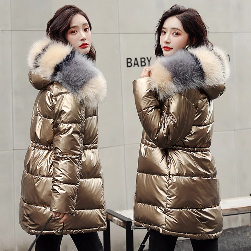 Модное зимнее пузырьковое пальто с большим меховым воротником глянцевая длинная