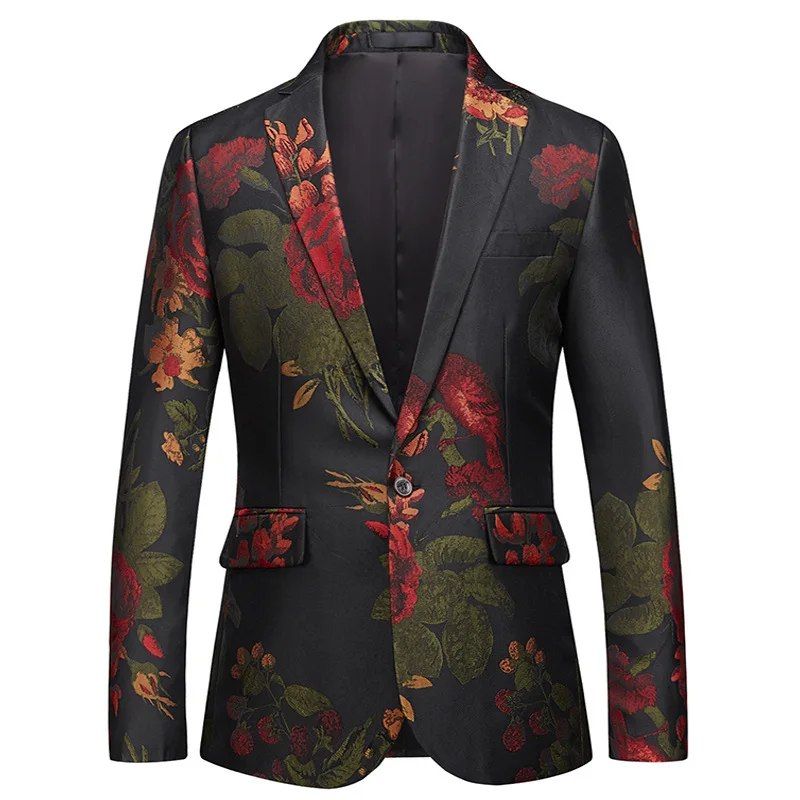 

Flower Print Blazer Jacket Single Breasted One Button Cotton Suit Men Blazers Party Wedding Performance Stage Costume Homme