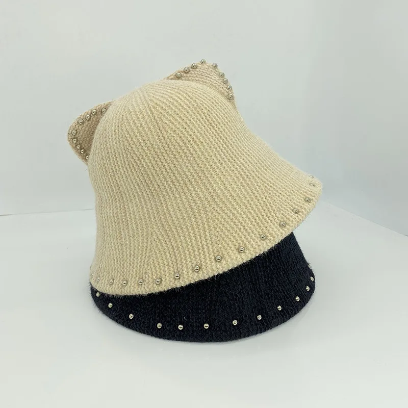 

Korea Cute Cat Ear Beanie Hat Women Black Beige Autumn Winter Bucket Hats Vintage Rivet Fashion Warm Erflap Caps 56-58cm