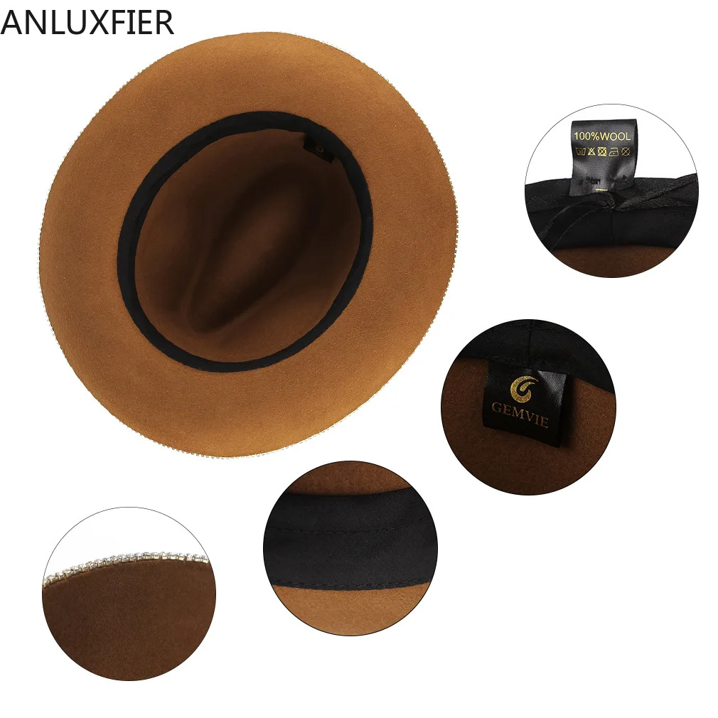 

H7204 European American Ladies Fedoras Hat Women Imitation Diamond Concave Top Wool Warm Cap Female Church Party Banquet Hats