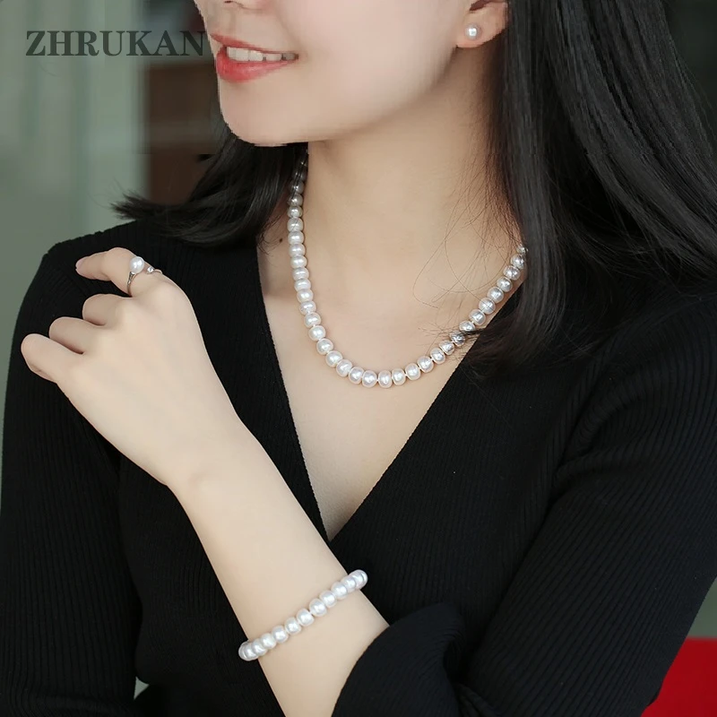 Pearl jewelry Sets 8-9mm Real Natural Freshwater Pearls 925 Sterling Silver Necklace Earrings Bracelet for women Fashion Gift | Украшения и