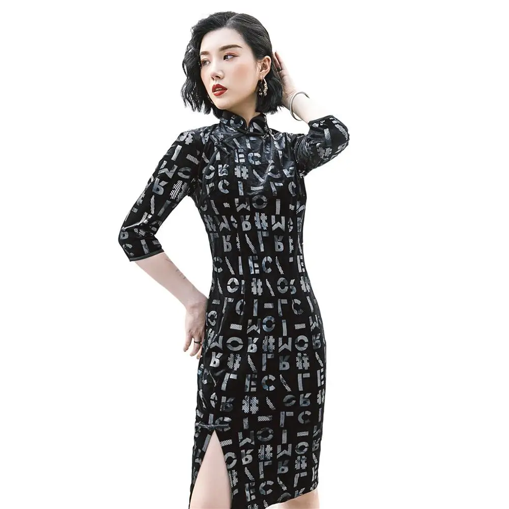 Шанхай история моды Cheongsam 3/4 рукав бархат черный Короткое платье Ципао|Чонсамы| |