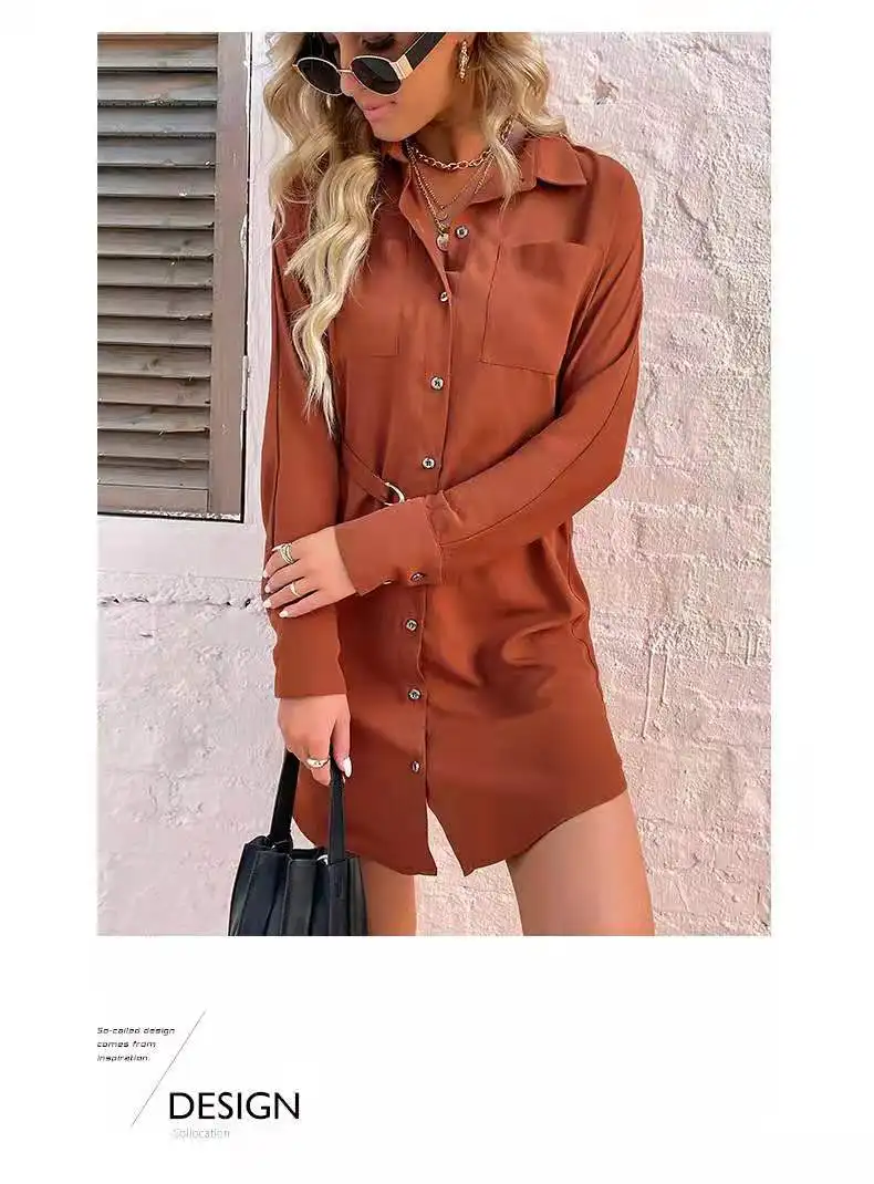 

2022 Spring/summer new European and American high-quality women's skirt long sleeve solid color lapel shirt dress