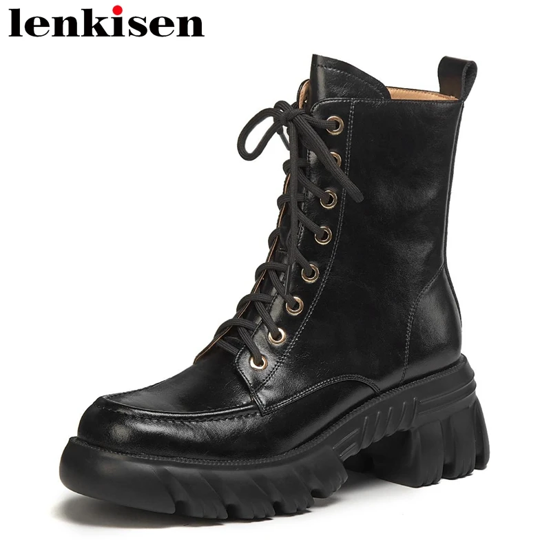 

Современные европейские ботинки Lenkisen из коровьей спилковой кожи, Зимние красивые ботильоны с круглым носком на платформе и высоком каблуке...