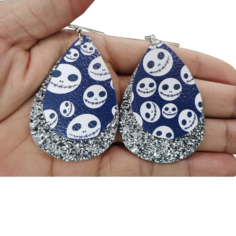 

Stock Jack Skellington Halloween Two Layers Faux Leather Tear Drop Earrings Black Glitter Day of the Dead Earrings Made To Order