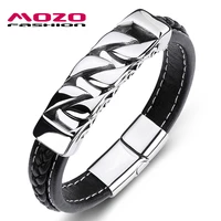 new fashion charm men bracelets black leather hollow stainless steel magnet buckle bangles high quality jewelry