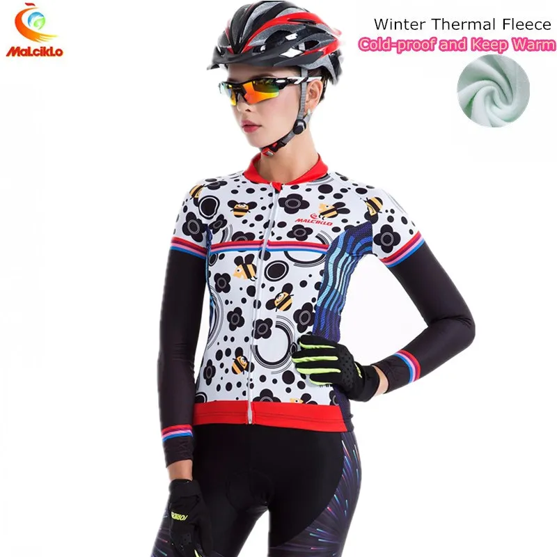

Cute Bee Winter Cycling Jersey Women Pink Long Sleeve Thermal Fleece Riding Suitst MTB Bike Bicycle Clothes Ropa Ciclismo Mujer