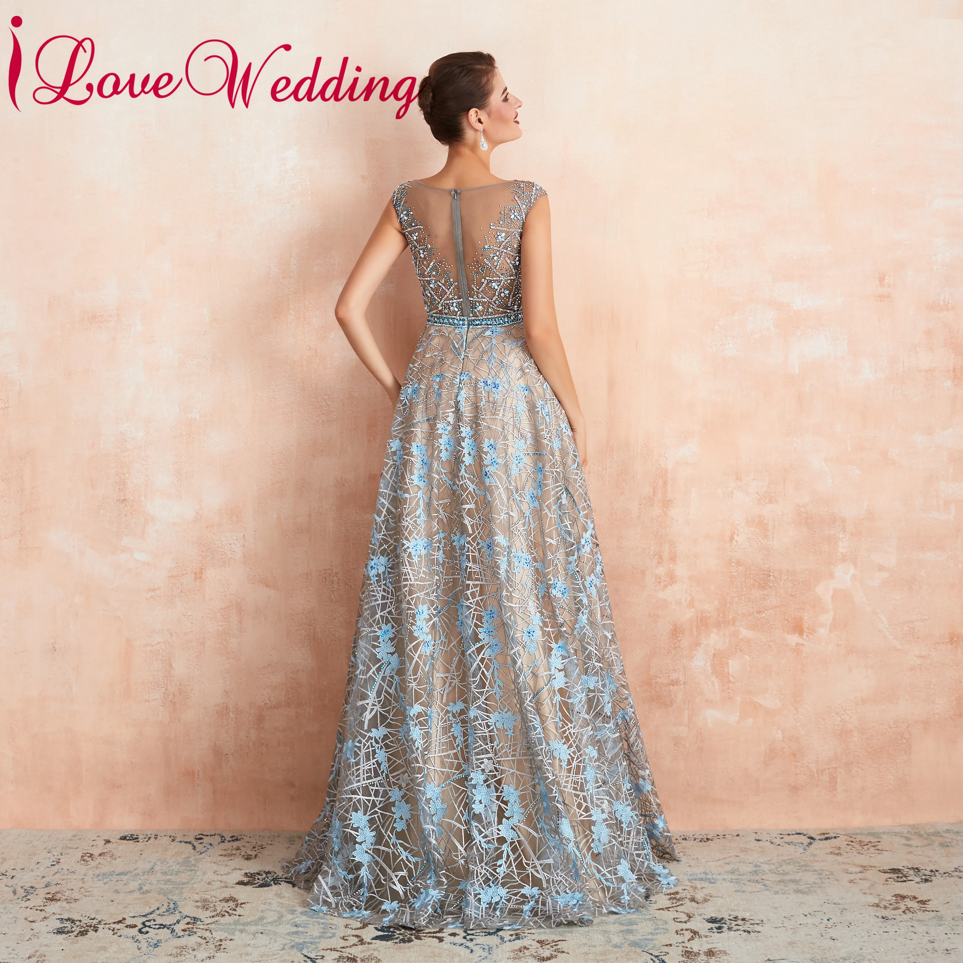 ILoveWedding длинное платье ТРАПЕЦИЕВИДНОЕ кружевное торжественное с кристаллами и