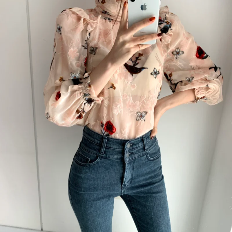 Корейский женский цветочный принт JMPRS Весенняя полупрозрачная женская блузка с