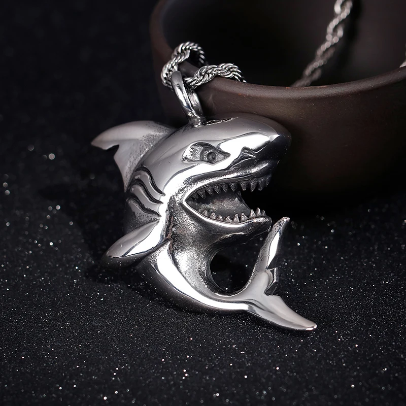 Vintage Hiphop Stainless Steel Shark Pendant Necklace For Men Women Fish With Twisted Rope Chain Male Jewelry | Украшения и