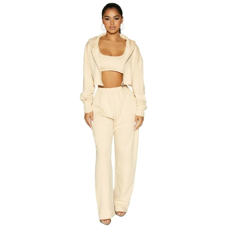 

2021 Winter Thick Hooded Long-Sleeved Sweater + Trousers Two-Piece Solid Color Casual Women's Sports Suit Sexy Slim Ladies Suit