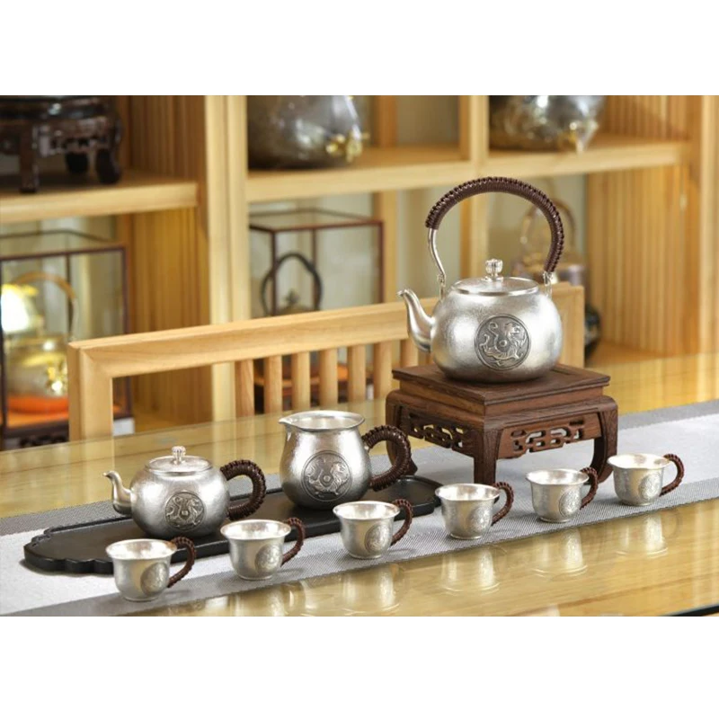 Silver pot 999 sterling silver handmade tea set Japanese retro teapot kettle home tea ceremony Kungfu tea set  600ml