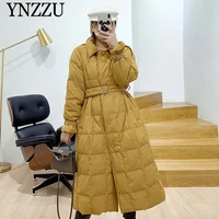 2021 winter yellow warm women down jacket long sleeve with belt loose female down coat chic solid color long outwear ynzzu yo964