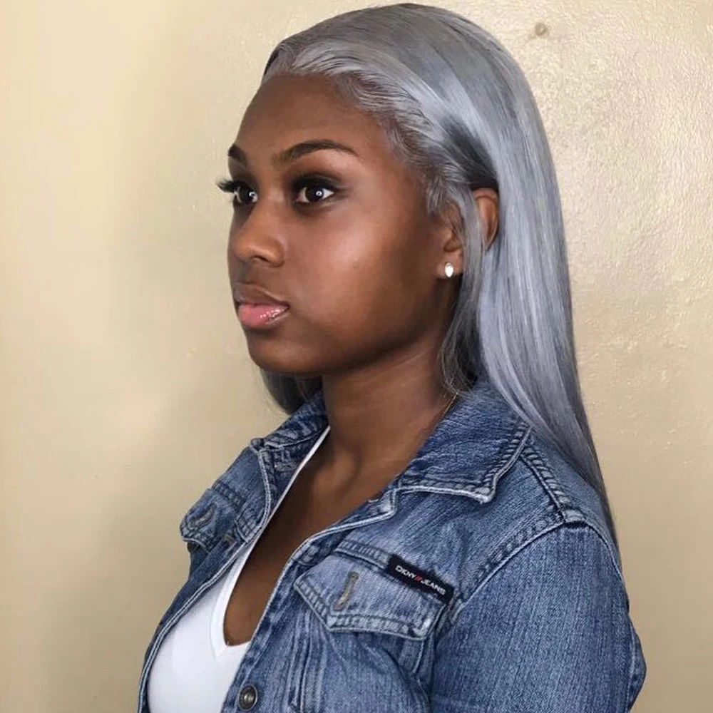 Парик из человеческих волос бразильского серебристого цвета без клея прямые