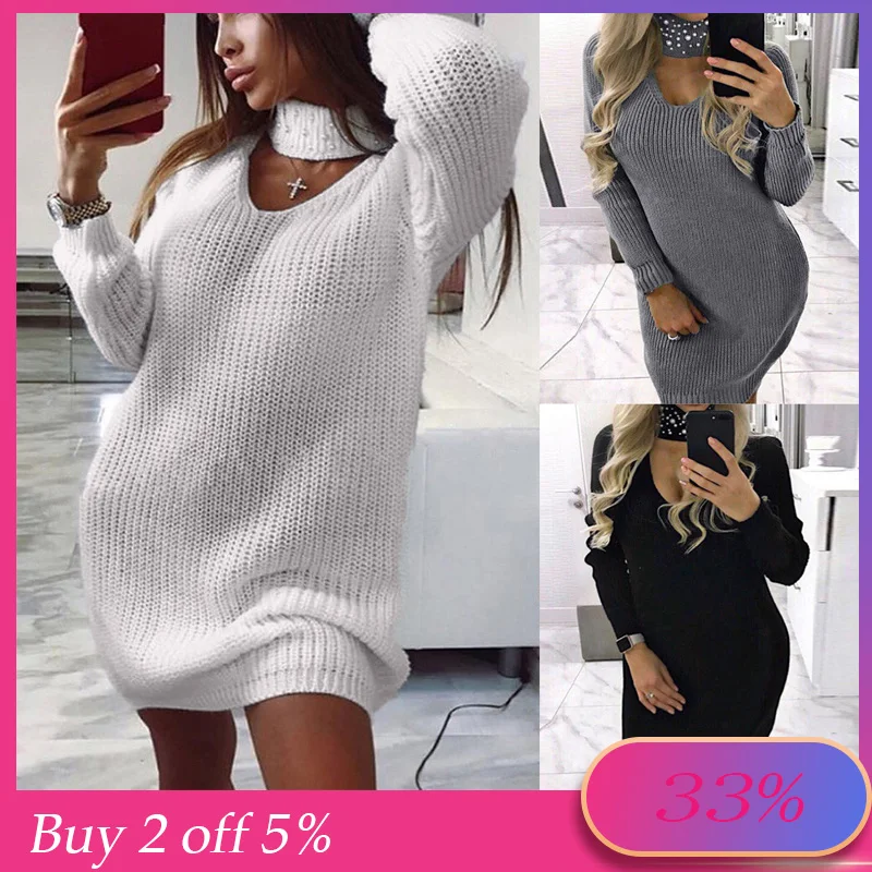 Женский свитер с длинным рукавом платье-футляр вязаное платье v-образным вырезом