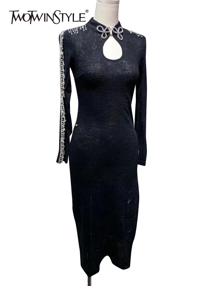 

TWOTWINSTYLE Cut Out Sheath Dress For Women Stand Collar Long Sleeve High Waist Split Thigh Mini Dresses Female Clothes 2021 New