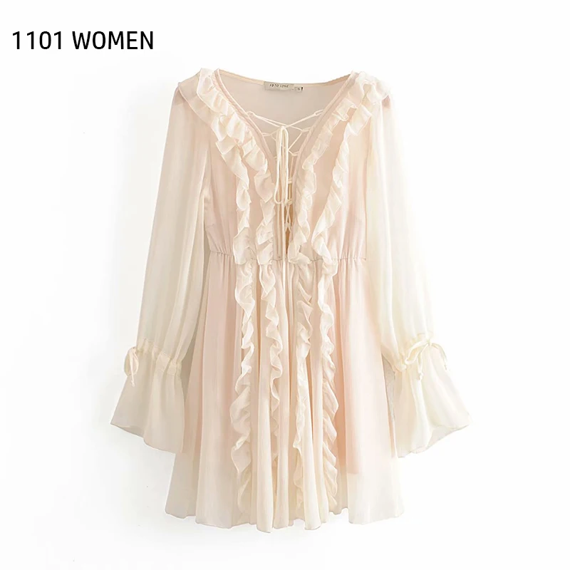 ZA Новое весеннее женское белое бежевое шифоновое многослойное винтажное платье
