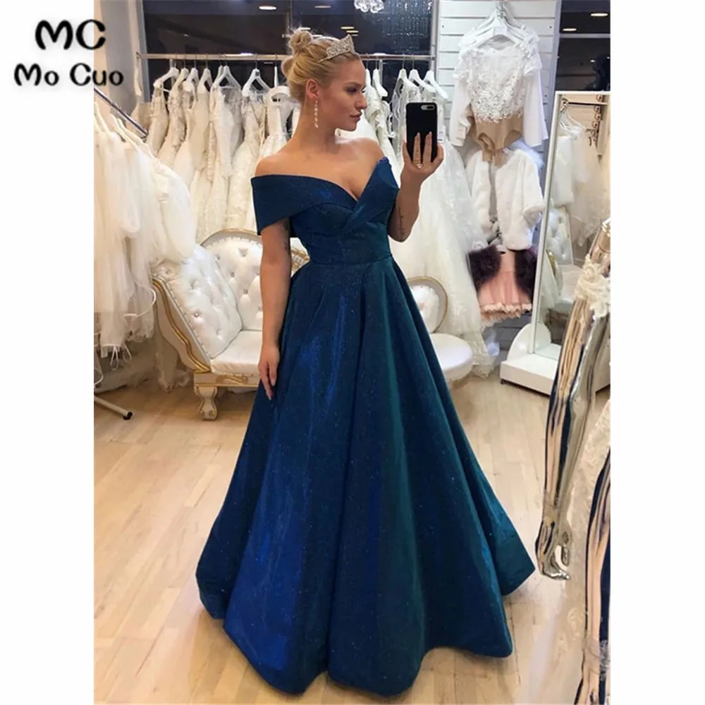 

A-Line Dark Blue Off Shouder Evening Dresses Long with Pocktes V-Neck Women's Evening Dress Hard Satin Prom Dress Custom Made