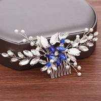 blue crystal hair comb bridal tiara wedding hair accessories handmade leaf pearl women hair pins bridal hair jewelry headpiece