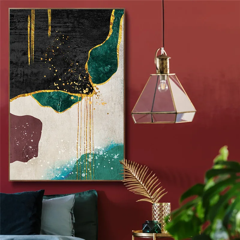 

Modern Abstract Green Golden Canvas Painting Marble Texture Lines Poster and Print Minimalist Wall Picture for Living Room Decor