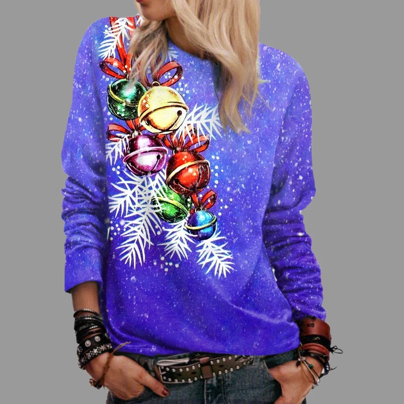 Spring Women Clothing Coat Christmas Small Bell Print Long Sleeve Sweatshirt Female Loose Harajuku Pullover Daily Casual Tops