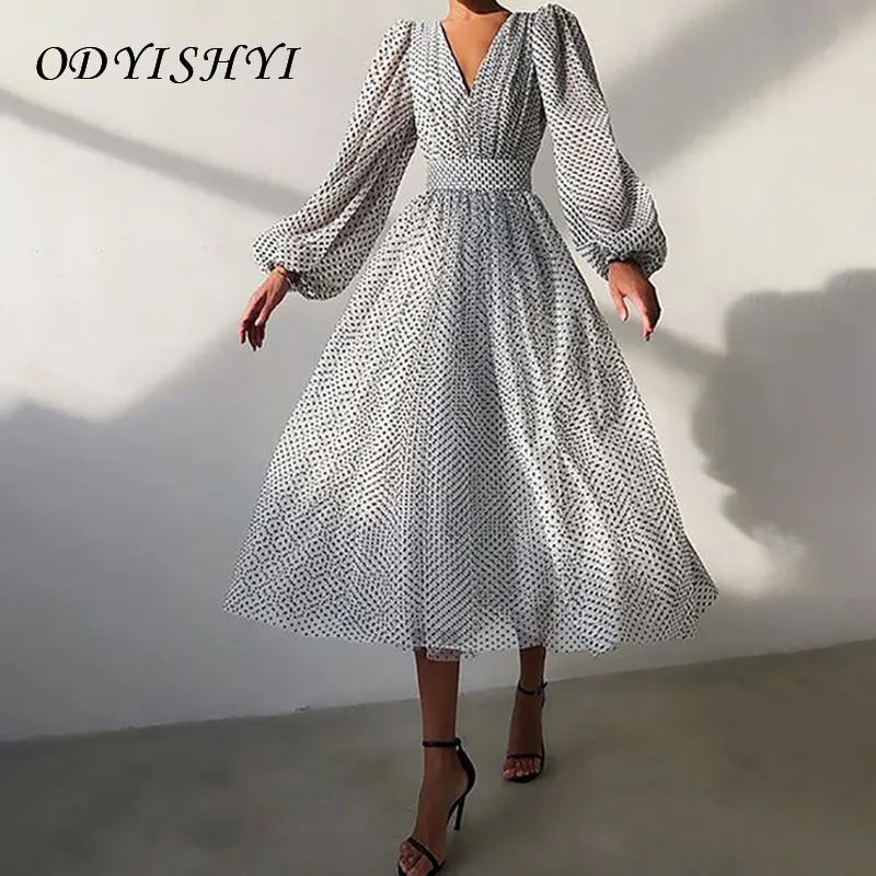 

Vestidos Elegant Maxi Dress Polka Dots Temperament Spring Long Dresses V-neck Puff Sleeve Autumn Fashion Slim Dress Ladies D532