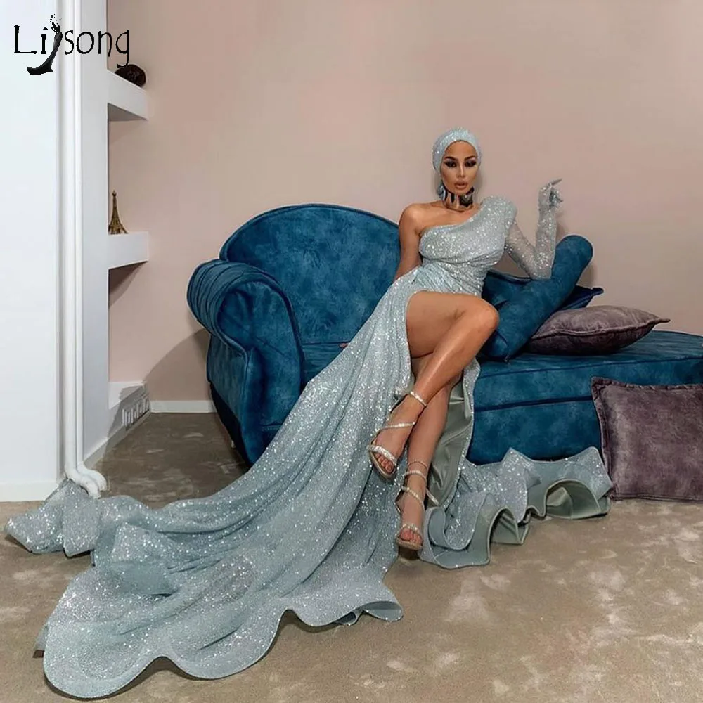 

Sparkle Gray Sequined Mermaid Evening Dresses 2020 Sexy High Side Split Long Evening Gowns One Shoulder Party Dress Vestidos