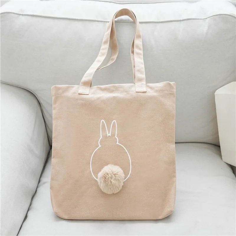 

New animal cartoon fur ball shoulder bag soft cute student school bag art canvas environmental protection bag handbag