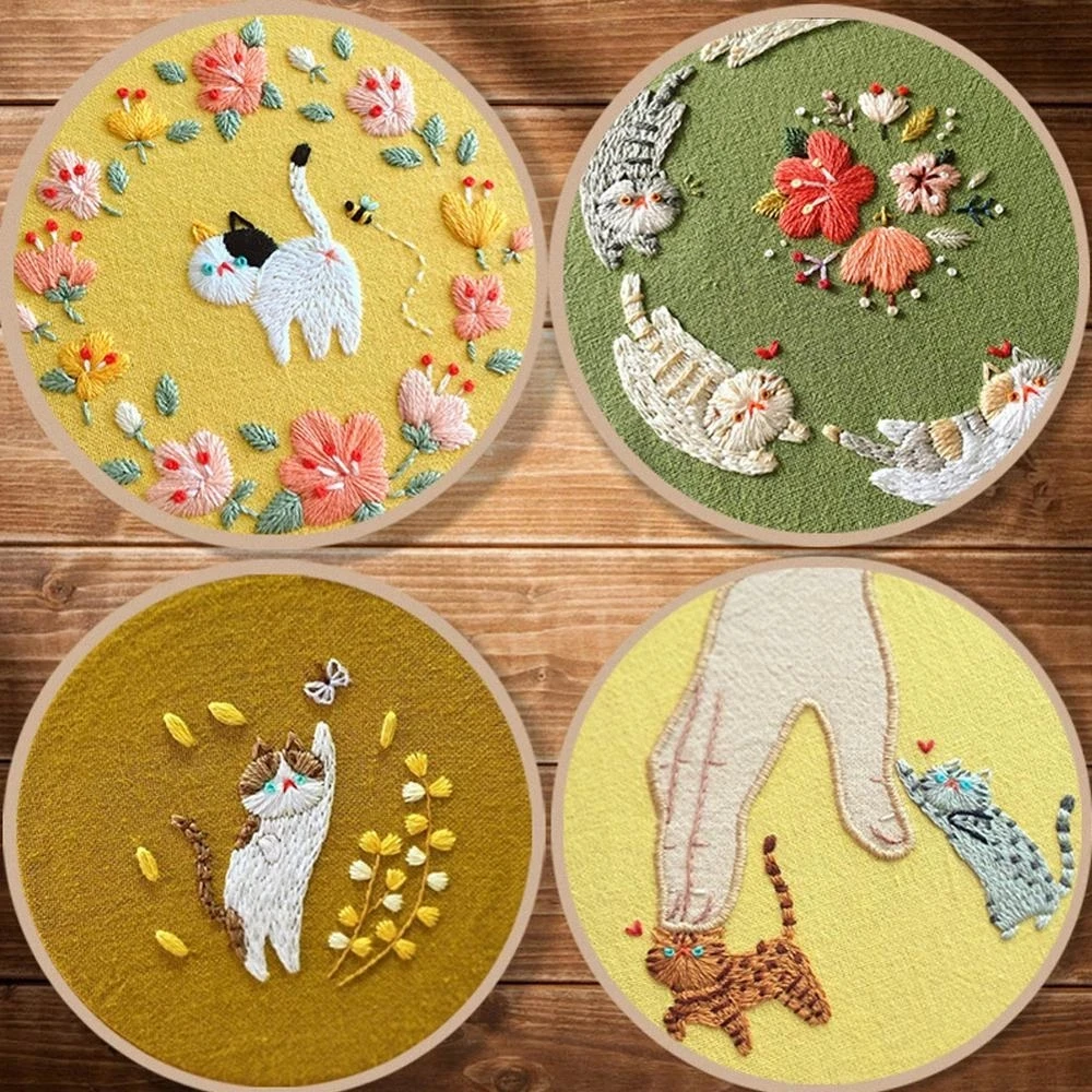 

DIY Flower Cat Embroidery Handcraft Needlework Cross Stitch Kit Cotton Embroidery Painting Embroidery Hoop Home Decor