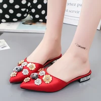 summer new pointed toe fashion outside flower slides square heel slippers low 1cm 3cm breathable large size high quality solid