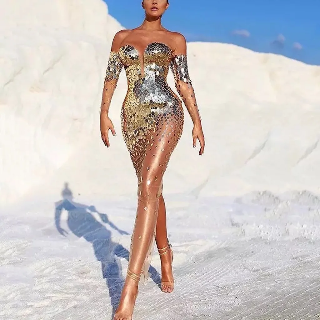 Летнее сексуальное платье без бретелек с блестками Женская золотистая