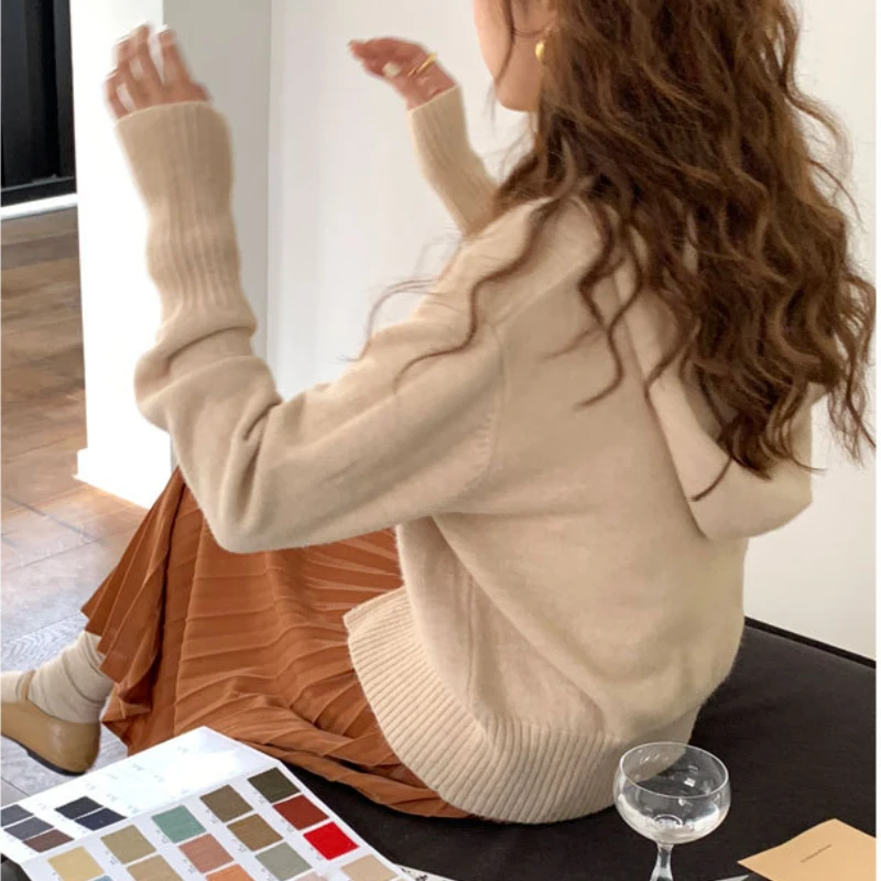 

Женский трикотажный кардиган с капюшоном, Новинка осени 2021, модный универсальный привлекательный облегающий свитер с длинными рукавами, ве...